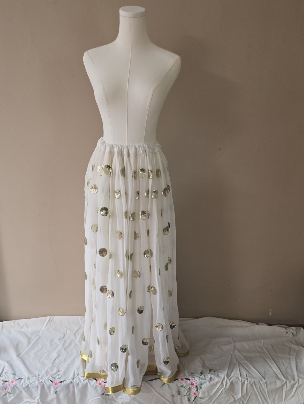 White Maxi Skirt with Gold Sequin Polka Dots